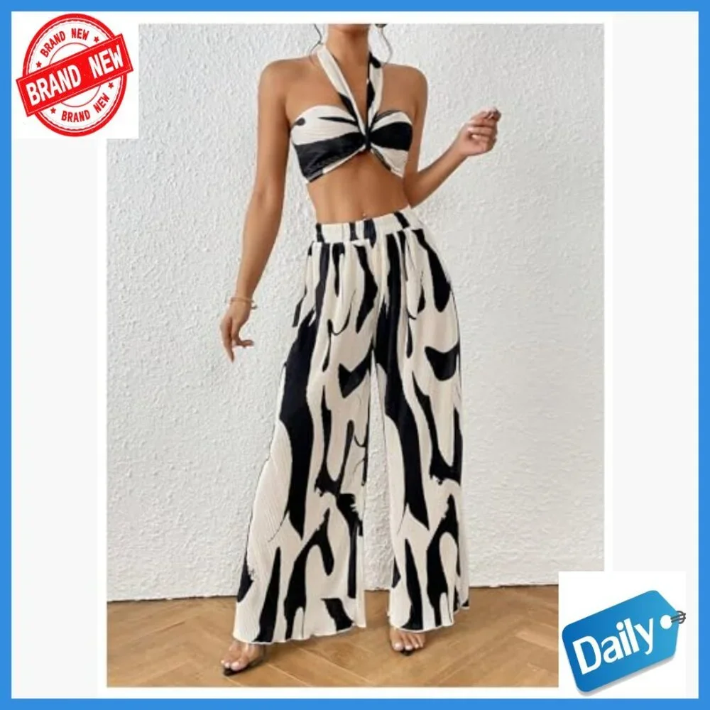 Polyester Knitted Crop Halter Top and Wide Leg Pants Set Size Small